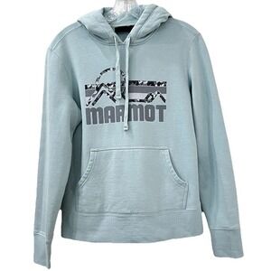 Marmot Women's Coastal Hoodie M Green Aqua Camo Logo Pullover Sweatshirt